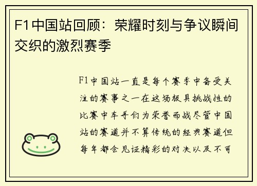 F1中国站回顾：荣耀时刻与争议瞬间交织的激烈赛季