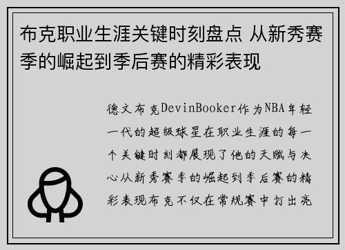 布克职业生涯关键时刻盘点 从新秀赛季的崛起到季后赛的精彩表现